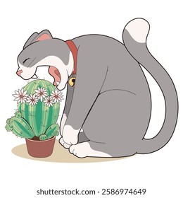 The cat is eating a plant in a flowerpot. Funny and cozy vector illustration.