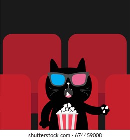 Cat eating popcorn in movie theater. Cute cartoon character. Film show Cinema background. Kitten watching movie in 3D glasses. 