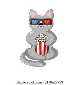 

The cat is eating popcorn. Vector illustration. Isolate on white background, clipart. 