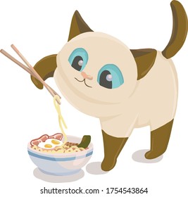 cat eating a ramen illustration vector