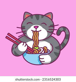 Cat Eating Ramen Noodle Vector Icon Illustration. Cat Cartoon Character. Cat Noodle. Cat Ramen.