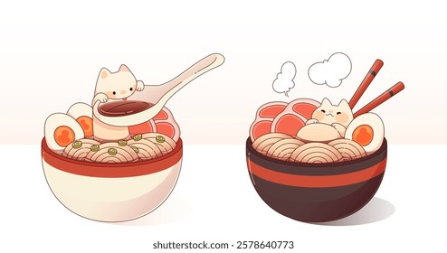 Cat eating ramen noodles set isolated on white. Contemporary vector cartoon illustration of kawaii style kitten in bowl of traditional asian food with spoon and chopsticks, oriental restaurant menu