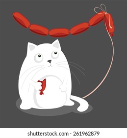 Cat eating sausages