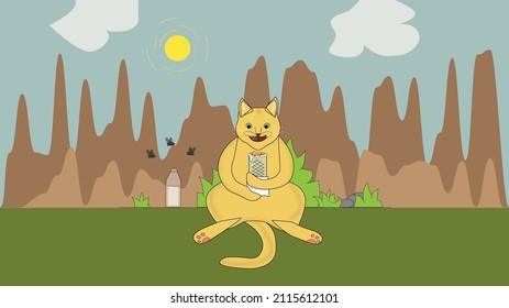 Cat eating shawarma in the forest with a bottle of milk