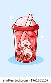 A cat is eating soft drink in a red velvet-flavored drink