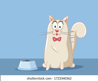 Cat Eating Vector Cartoon Illustration. Adäquate Fütterung von Heimtieren aus einer Schüssel
