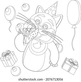 Die Katze isst einen Kuchen und feiert seinen Geburtstag. Vektorgrafik-Farbbuch.