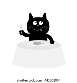 Cat eats fish. Cute cartoon character. Plate, fork, table. Restaurant menu. Happy black kitten with tongue. Flat design. White background. Isolated. Vector illustration