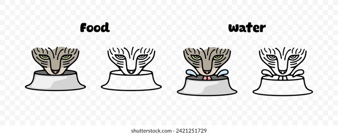 Cat eats food and drinks water from bowl, graphic design. Animal and pet, meals, feed, veterinary and pet shop, vector design and illustration