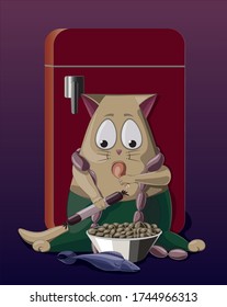 the cat eats food from the refrigerator at night
