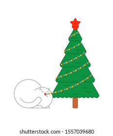 Cat eats garland on Christmas tree. Xmas and New Year vector illustration
