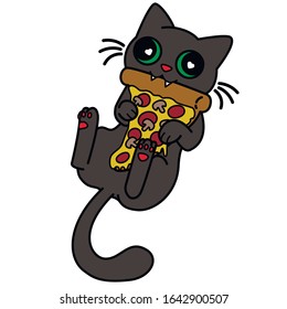 El gato come pizza. El gato está comiendo deliciosa pizza. Ilustración de material vectorial.