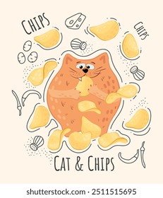 O gato come batatas fritas. Ilustração vetorial. Caractere para chips de publicidade. Por chips de embalagem, cartões, parabéns.