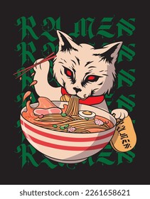 Cat eats ramen noodles with chopsticks, vector illustration.