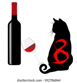 a cat with eight on back sitting near a bottle of wine with a glass