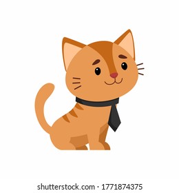 Cat in elegant tie flat vector illustration. Cute kitten in old fashioned costume cartoon character. Funny cat sitting isolated on white background. Domestic animal 