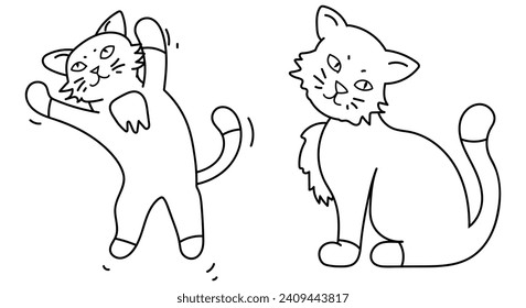 Cat element set of hand drawn outline vector illustrations. Cat jumping, Cat sitting.