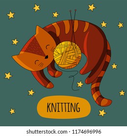 Cat in an embrace with a yarn boll. Logo knitting, tag, label, vector