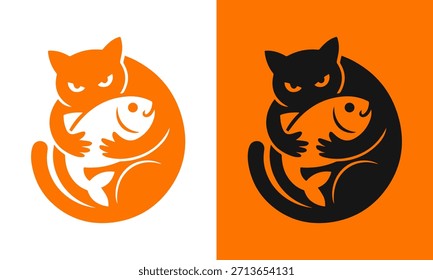 Gato abraçando um peixe em duas paletas de cores contrastantes para um logotipo moderno