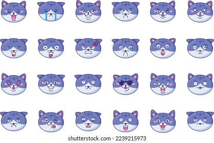 Cat emoji different mood collection set vector. Funny domestic animal kitty smile and laugh with teeth and cute eyes, sad and angry, sleeping and kissing. Comic emoticon flat cartoon illustration