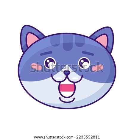 Cat emoji laugh with teeth and cute eyes vector. Kitty domestic animal laughing and enjoy from funny joke. Comic smile grinning positive emotion. Cheerful mood emoticon flat cartoon illustration