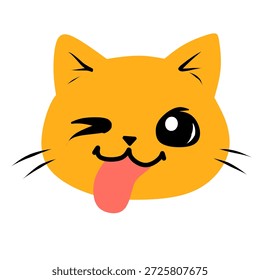 Emoji de gato con una expresión juguetona, guiñando los ojos y sacando la lengua. Diseño de Vector plano de una cara de gatito divertido.