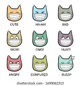 Cat emoji in a protective mask. Funny hand drawn cats in quarantine. Animals vector illustration. Doodle cat.
