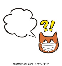 Cat emoji in a protective mask with speech bubble. Cartoon Labels and stickers with Funny hand drawn cats in quarantine. Vector text box for self-locking rules of conduct. Childish illustration