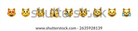 Cat emoji set, cat with hearts in eyes,crying, laughs, gets angry. Large size of yellow emoji face.
