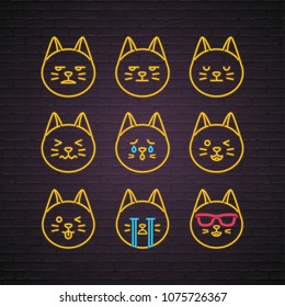 Cat Emoji Set Neon Light Glowing Vector Illustration with Phone Silhouette Design