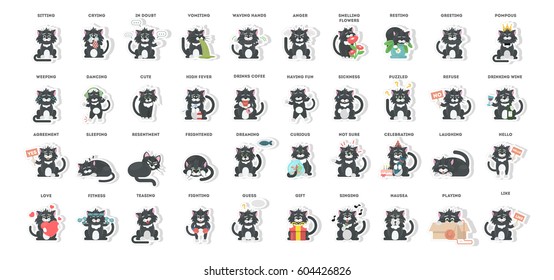 Cat emoji set on white background. Joy and sick, sad and more. Stickers.