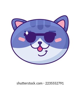 Cat emoji smiling and wearing sunglasses vector. Cool kitty animal wear stylish sun glasses accessory, funny expression. Comic smile positive emotion. Joyful mood emoticon flat cartoon illustration