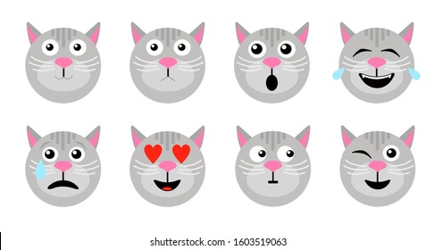 Cat emoticon. Animal emoticons. Cat face icons, funny friend cartoon pack isolated on white, vector illustration.