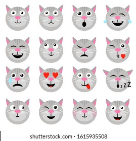 Cat emoticon. Animal emoticons. Cat face icons, funny friend cartoon pack isolated on white, vector illustration.
