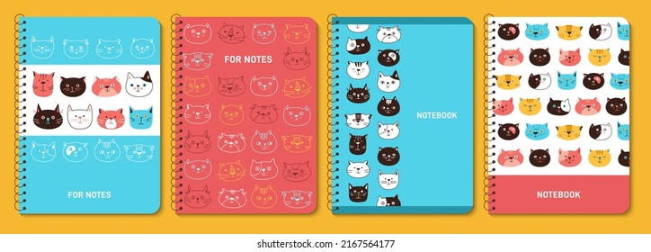 Cat Emotion steht einem trendigen Cover-Set gegenüber. Cute kitten kawaii Linie Design für Notebook-Planer, Broschüre, Buch, Katalog. Lächelnde Katzen lustige kindliche Babydoodle-Abdeckung. Druckvorlage für dekorative Layoutseiten