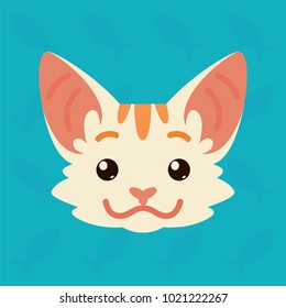 Cat emotional head. Vector illustration of cute kitty shows positive emotion. Smile emoji. Smiley icon. Print, chat, communication. White cat with red stripes in flat cartoon style on blue background.