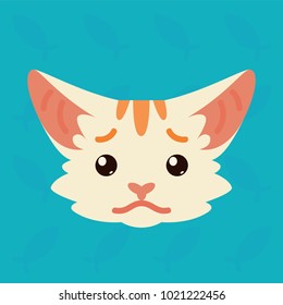 Cat emotional head. Vector illustration of cute kitty shows negative emotion. Sad emoji. Smiley icon. Print, chat, communication. White cat with red stripes in flat cartoon style on blue background.