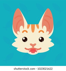 Cat emotional head. Vector illustration of cute kitty shows surprised emotion. Exited emoji. Smiley icon. Print, chat, communication. White cat with red stripes in flat cartoon style.