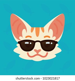 Cat emotional head. Vector illustration of cute kitty in sunglasses shows emotion. Cool emoji. Smiley icon. Print, chat, communication. White cat with red stripes in flat cartoon style.