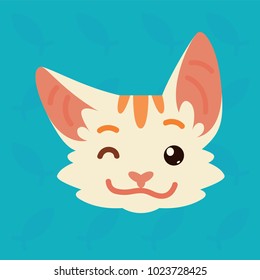 Cat emotional head. Vector illustration of cute kitty shows positive emotion. Blink emoji. Smiley icon. Print, chat, communication. White cat with red stripes in flat cartoon style on blue background.