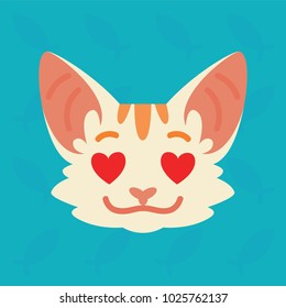 Cat emotional head. Vector illustration of cute kitty with hearts in eyes shows emotion. In love emoji. Smiley icon. Print, chat, communication. White cat with red stripes in flat cartoon style.