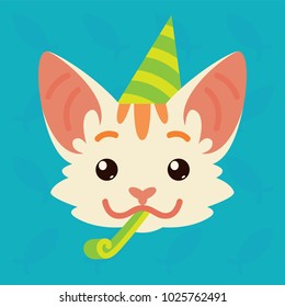 Cat emotional head. Vector illustration of cute kitty shows greeting emotion. Celebrating emoji. Smiley icon. Print, chat, communication. White cat with red stripes in flat cartoon style.