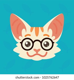 Cat emotional head. Vector illustration of cute kitty shows smart emotion. Nerd emoji. Smiley icon. Print, chat, communication. White cat with red stripes in flat cartoon style on blue background.