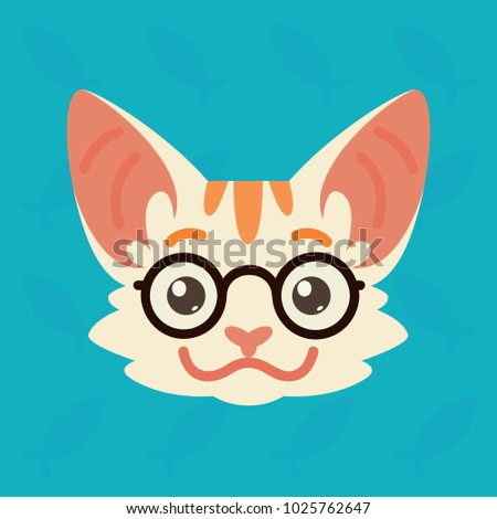 Cat emotional head. Vector illustration of cute kitty shows smart emotion. Nerd emoji. Smiley icon. Print, chat, communication. White cat with red stripes in flat cartoon style on blue background.