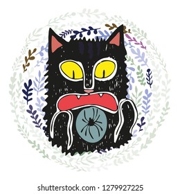Cat emotions fear spider vector illustration character hand drawing