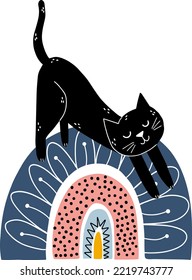 Cat enjoy on rainbow. Handrawing. Set of purebred pet animals isolated on Color background.