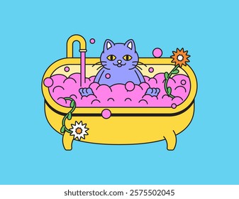 Cat enjoying a bubble bath in a bright tub charming illustration cartoon hand drawn vector for pet care and relaxation themes