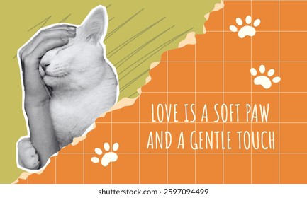 Cat Enjoying Gentle Head Caress with Warm Design Elements, halftone collage with torn paper