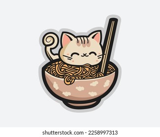 Cat Enjoys a Bowl of Ramen sticker vector illustration