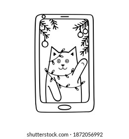 Cat Entangled In A Garland On The Phone Screen. Video Call Of A Pet, Funny Christmas Greetings In Doodle Style.